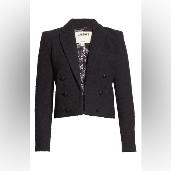 L'AGENCE Jackets & Blazers - L’AGENCE Inez Crop Shoulder Pad Cotton Blend Tweed Blazer In Black
